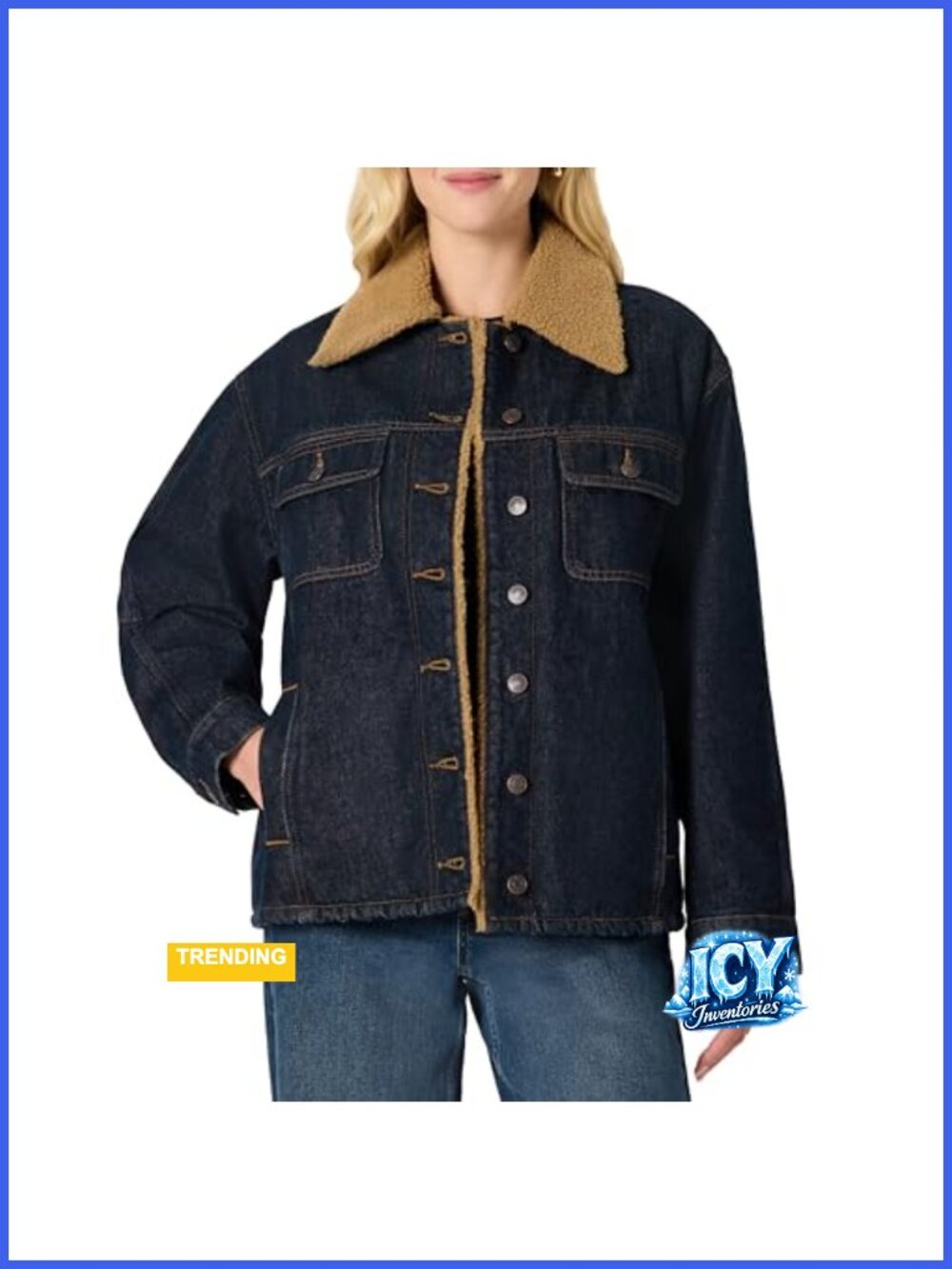 Women's Oversized Denim Jacket with Faux Shearling Lining Heavyweight